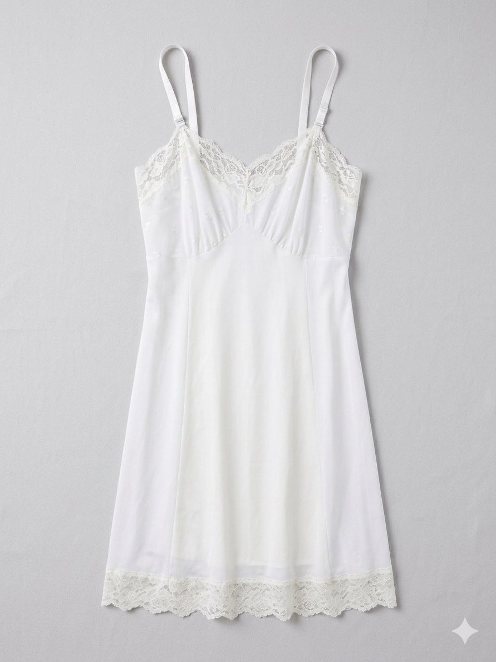 Vintage 70s Sears Bridal White Lace Trim Full Slip Dress Embroidered Floral Bust